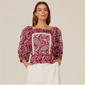 Sea New York Theodora Top Red and White Paisley Pattern Boho Womens Size Large